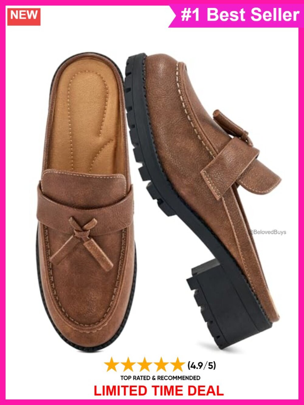 Faux Leather Mules Backless Closed Toe Chunky Heel Slip On Loafers Office Work